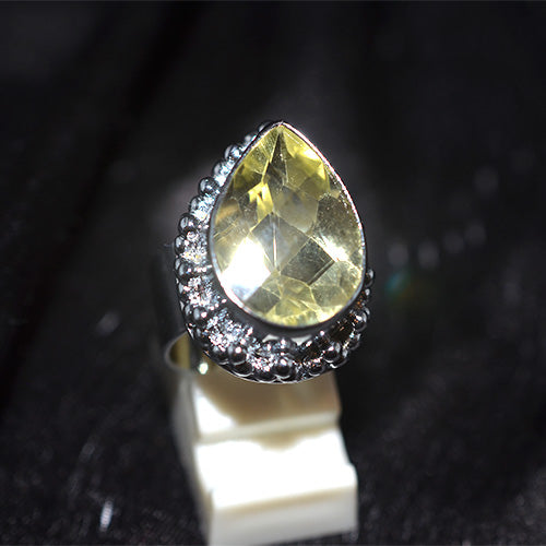 925 Sterling Silver Pear-Shaped Citrine Turkish Ring with Granulated Setting