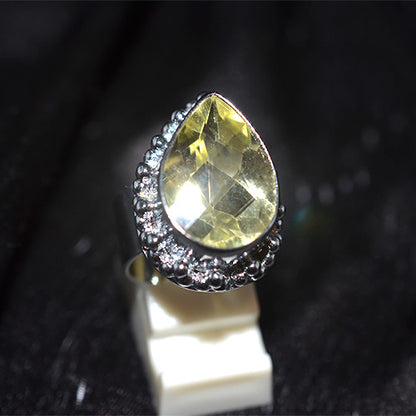 925 Sterling Silver Pear-Shaped Citrine Turkish Ring with Granulated Setting