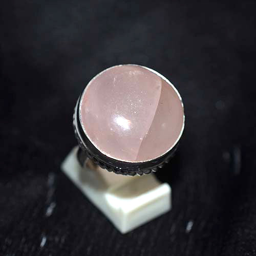 925 Sterling Silver Rose Quartz Round Beaded Bezel Ring