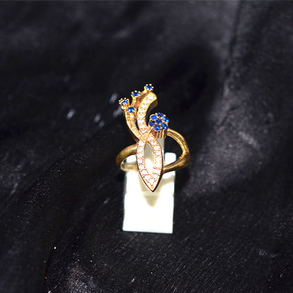 6 Carat Gold Plated Turkish Blue Cubic Zirconia Leaf Motif Ring