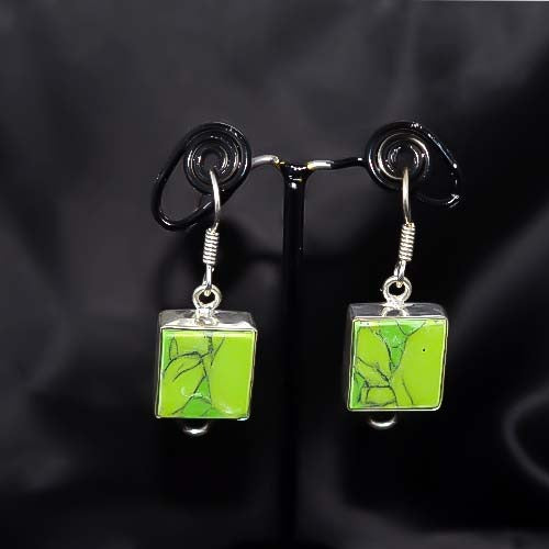 925 Sterling Silver Green Turquoise Rectangle Drop Earrings