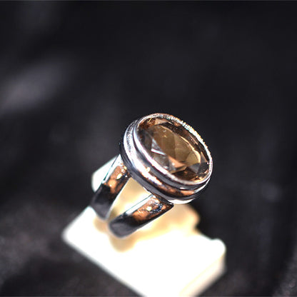 925 Sterling Silver Oval Smoky Quartz Double Band Ring
