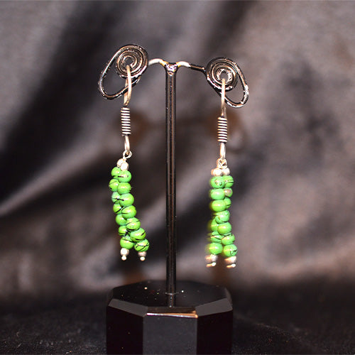 925 Sterling Silver Spiral Green Beaded Drop Earrings