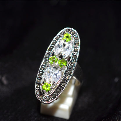 925 Sterling Silver Turkish Peridot White CZ Marquee Motif Ring