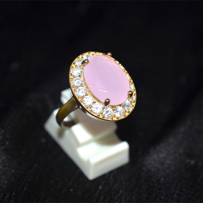 6 Carat Gold Plated Turkish Pink Onyx Halo CZ Ring