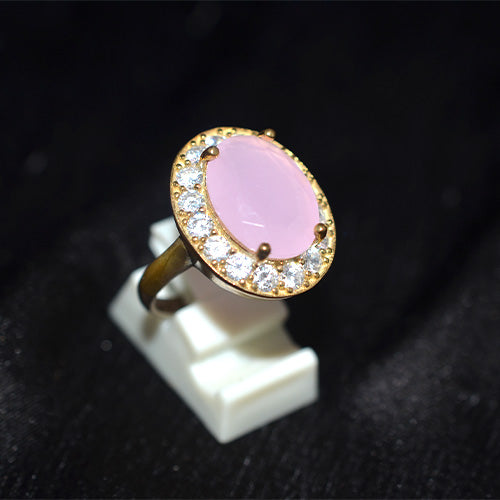 6 Carat Gold Plated Turkish Pink Onyx Halo CZ Ring