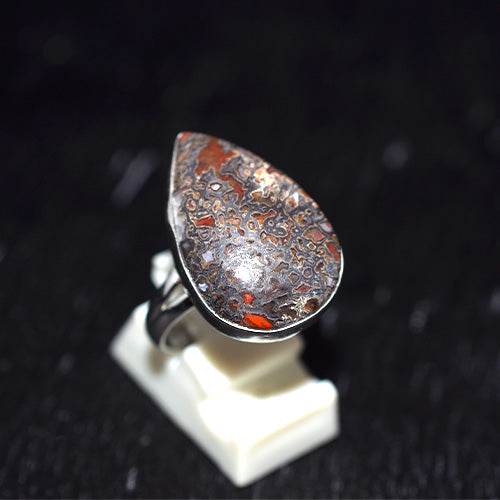 925 Sterling Silver Red Lace Jasper Teardrop Ring