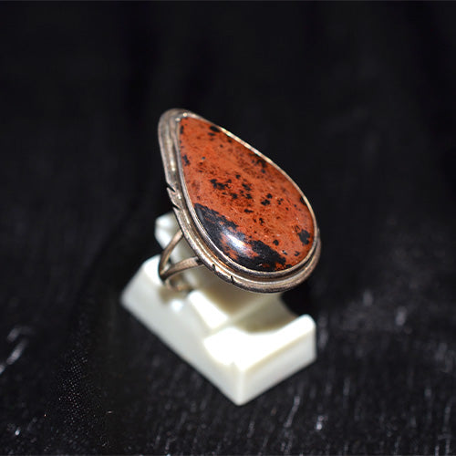 925 Sterling Silver Mahogany Obsidian Elongated Teardrop Ring