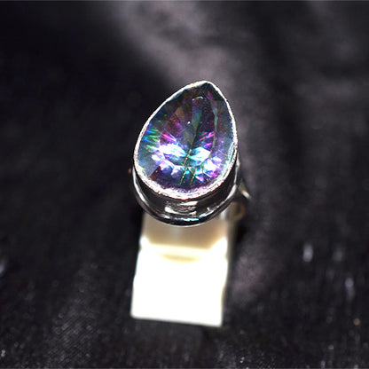 925 Sterling Silver Pear Cut Mystic Topaz Wide Bezel Ring