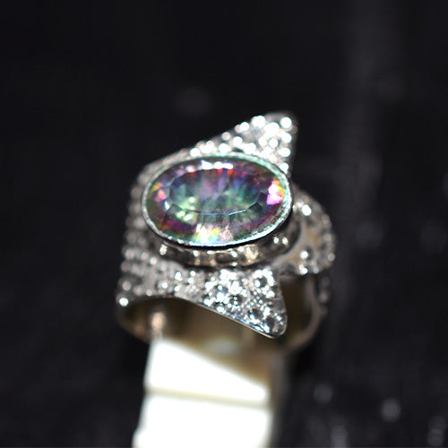925 Sterling Silver Oval Mystic Topaz Textured Wide Band Ring