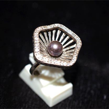 925 Sterling Silver Black Pearl Sunburst Cage Ring