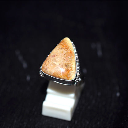 925 Sterling Silver Triangle Fossil Coral Ring