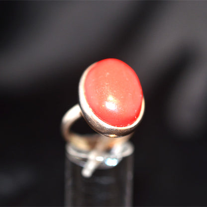 925 Sterling Silver Oval Red Coral Cabochon Ring