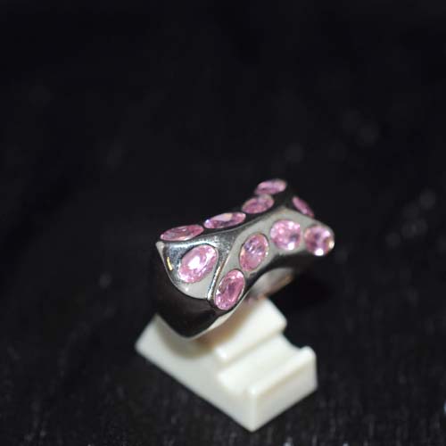 925 Sterling Silver Pink Cubic Zirconia Curved Dot Motif Ring