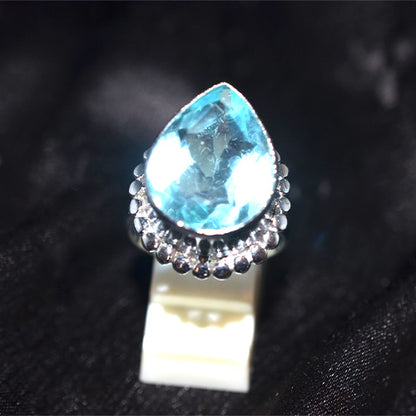 925 Sterling Silver Pear Blue Topaz Beaded Turkish Ring