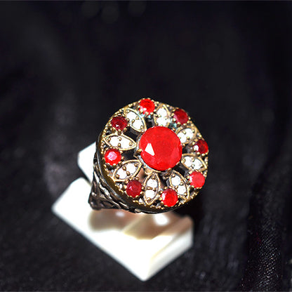 6 Carat Gold Plated Turkish Red CZ Floral Motif Ring