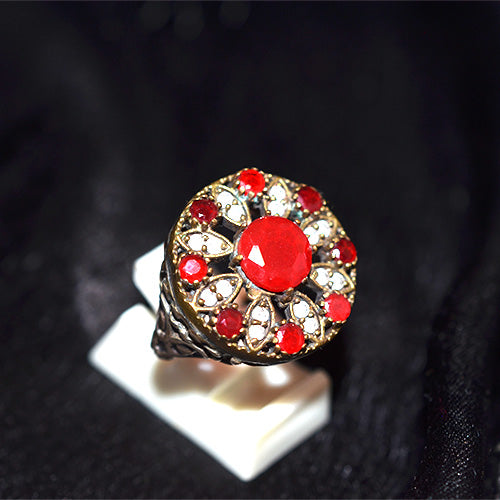 6 Carat Gold Plated Turkish Red CZ Floral Motif Ring