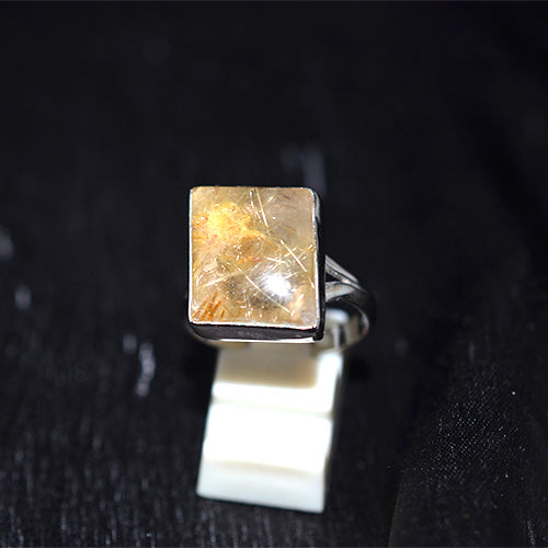 925 Sterling Silver Square Golden Rutilated Quartz Ring