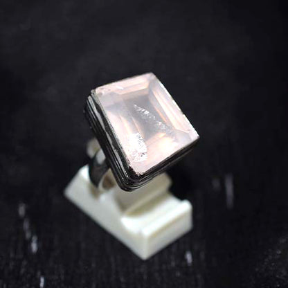 925 Sterling Silver Faceted Rose Quartz Layered Setting Ring