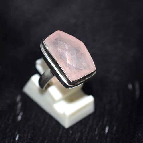 925 Sterling Silver Faceted Rose Quartz Coffin Shape Ring