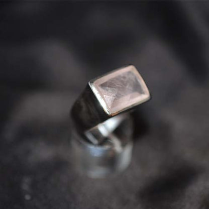 925 Sterling Silver Rose Quartz Emerald Cut Signet Ring