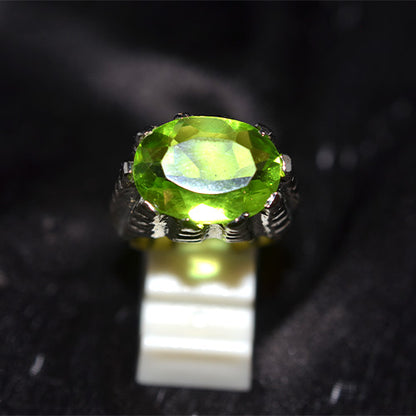 925 Sterling Silver Oval Peridot Turkish Ring with Carved Leaf Motif Band