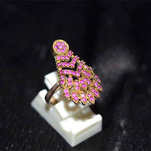 6 Carat Gold Plated Turkish Pink Ruby Cascading Peacock Ring