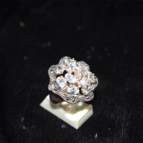 925 Sterling Silver Turkish Crystal and Marcasite Vine Cluster Ring