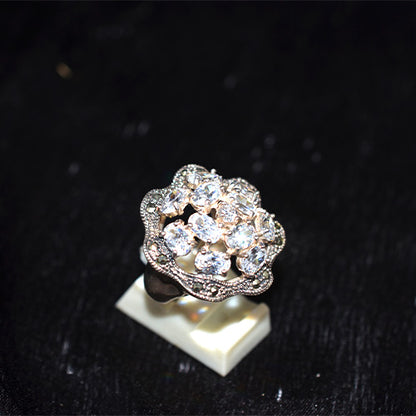 925 Sterling Silver Turkish Crystal and Marcasite Vine Cluster Ring