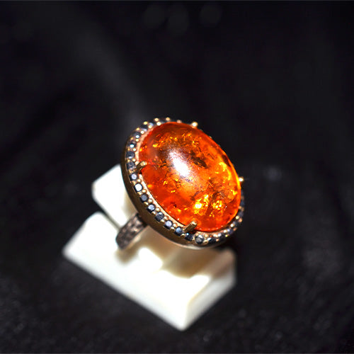 925 Sterling Silver Turkish Amber Cabochon Halo Ring