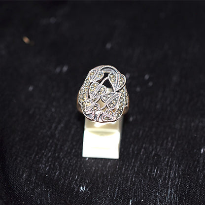 925 Sterling Silver Turkish Marcasite Filigree Heart Motif Shield Ring
