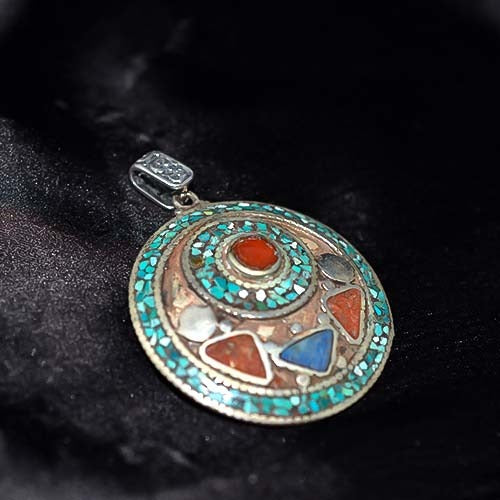 925 Sterling Silver Boho Mosaic Turquoise and Coral Pendant