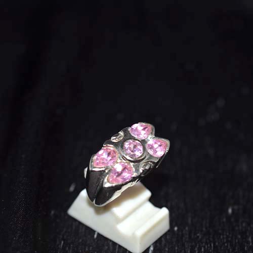 925 Sterling Silver Pink Gemstone Floral Pattern Ring