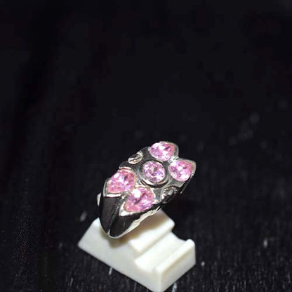 925 Sterling Silver Pink Gemstone Floral Pattern Ring