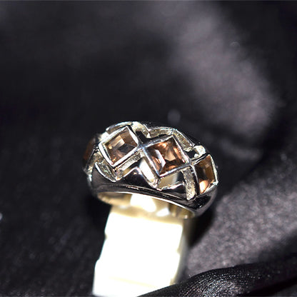 925 Sterling Silver Smoky Quartz Openwork Diamond Pattern Ring