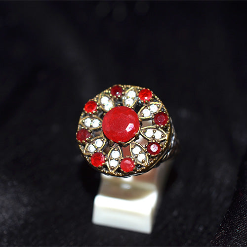6 Carat Gold Plated Turkish Red CZ Floral Motif Ring