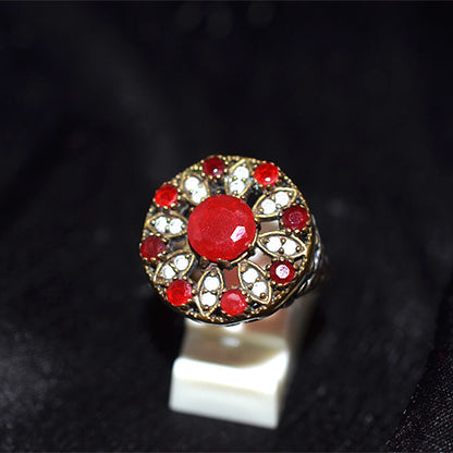 6 Carat Gold Plated Turkish Red CZ Floral Motif Ring