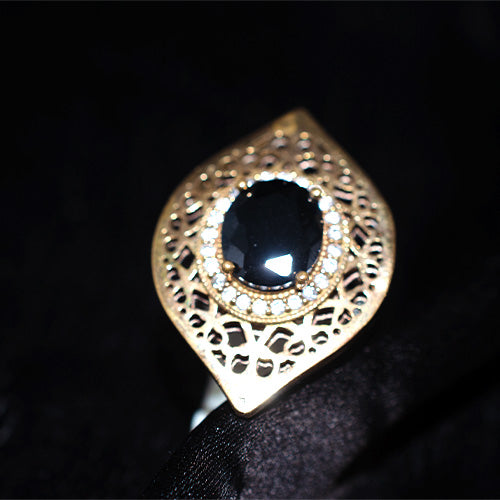 6 Carat Gold Plated Black Onyx Halo Filigree Ring