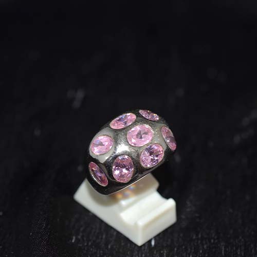 925 Sterling Silver Pink Cubic Zirconia Domed Oval Ring