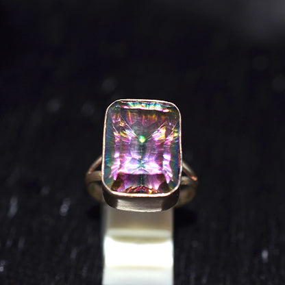 925 Sterling Silver Emerald Cut Mystic Topaz V-Shank Ring