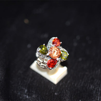 925 Sterling Silver Turkish Multi-Gemstone and Marcasite Clover Ring with Filigree Shank