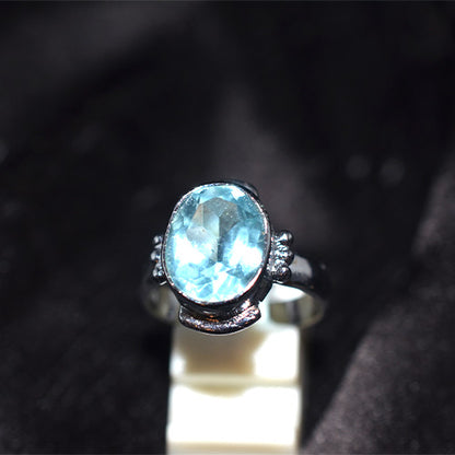 925 Sterling Silver Oval Blue Topaz Ornate Setting Ring