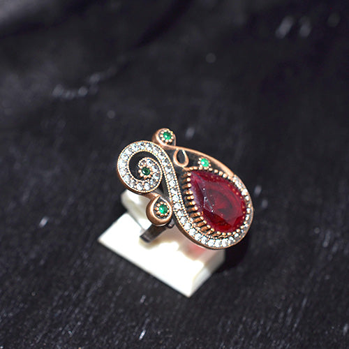 6 Carat Gold Plated Turkish Ruby Teardrop Scroll Ring