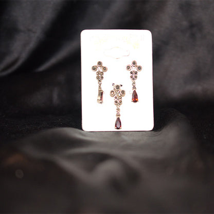 925 Sterling Silver Asymmetrical Marcasite Garnet Floral Pendant and Earring Set