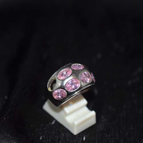 925 Sterling Silver Pink Cubic Zirconia Wide Band Oval Ring