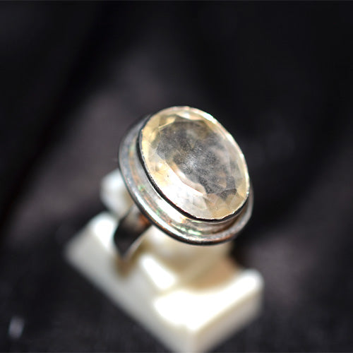 925 Sterling Silver Oval Faceted Lemon Quartz Turkish Ring with Double Bezel