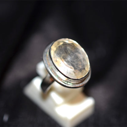 925 Sterling Silver Oval Faceted Lemon Quartz Turkish Ring with Double Bezel