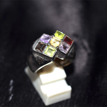 925 Sterling Silver Multi Gemstone Mosaic Dome Ring