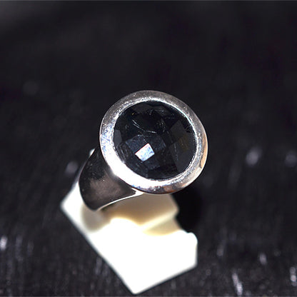 925 Sterling Silver Round Black Onyx Wide Bezel Ring