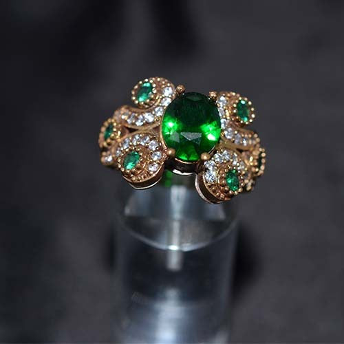 6 Carat Gold Plated Green and White Ornate Cocktail Ring